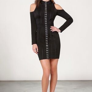 NWT BEBE Hook & Eye Off Shoulder Bandage Dress Exposed Back Zipper Black Large